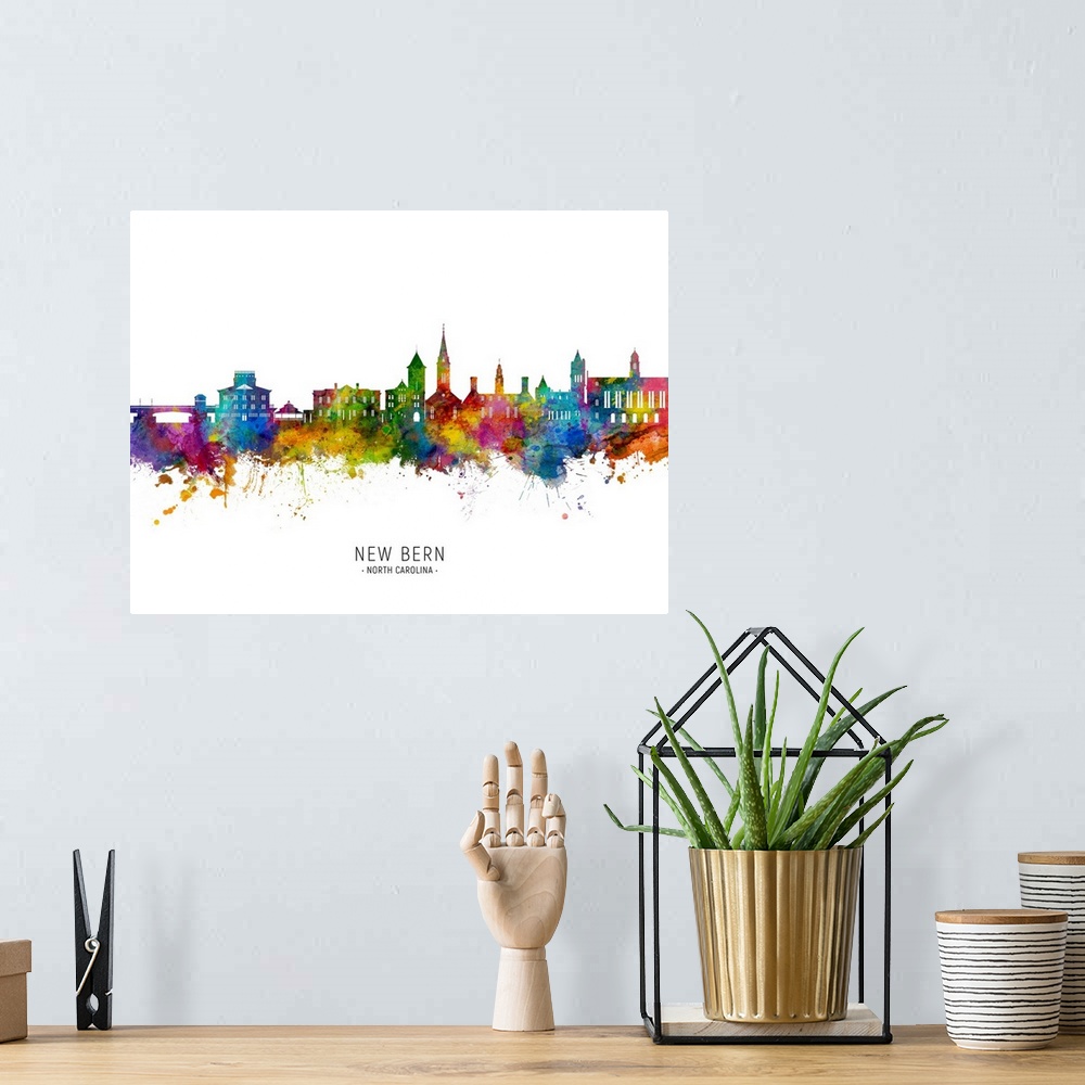 A bohemian room featuring Watercolor art print of the skyline of New Bern, North Carolina, United States