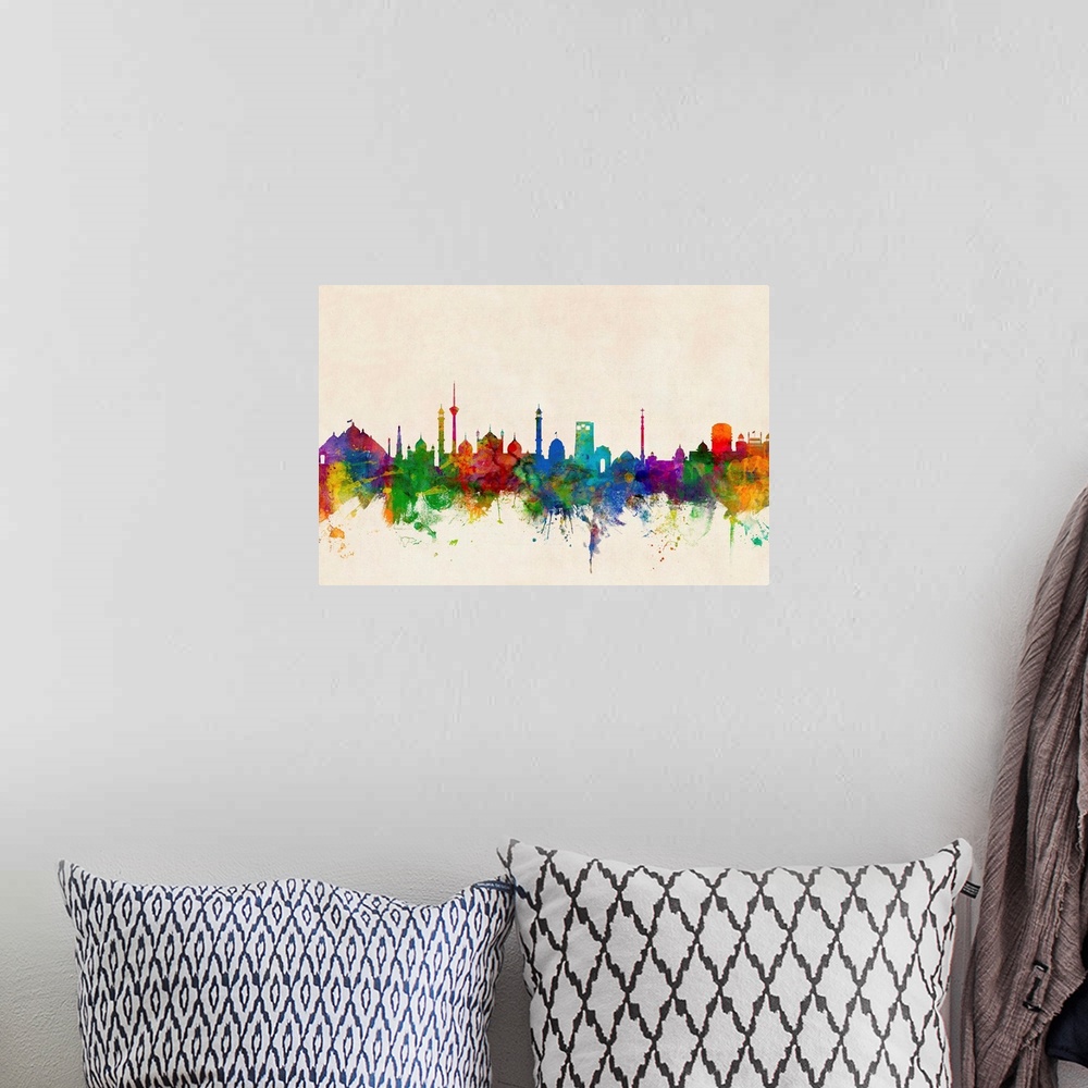 A bohemian room featuring A splattered and splashed watercolor silhouette of the New Delhi city skyline against a distresse...