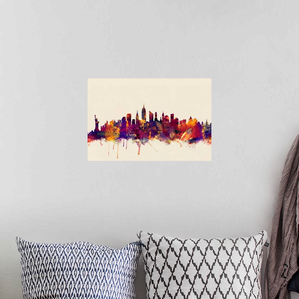 A bohemian room featuring Contemporary artwork of the New York city skyline in watercolor paint splashes.