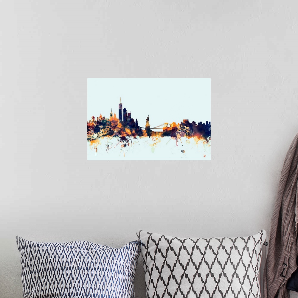 A bohemian room featuring Dark watercolor silhouette of the New York city skyline against a light blue background.