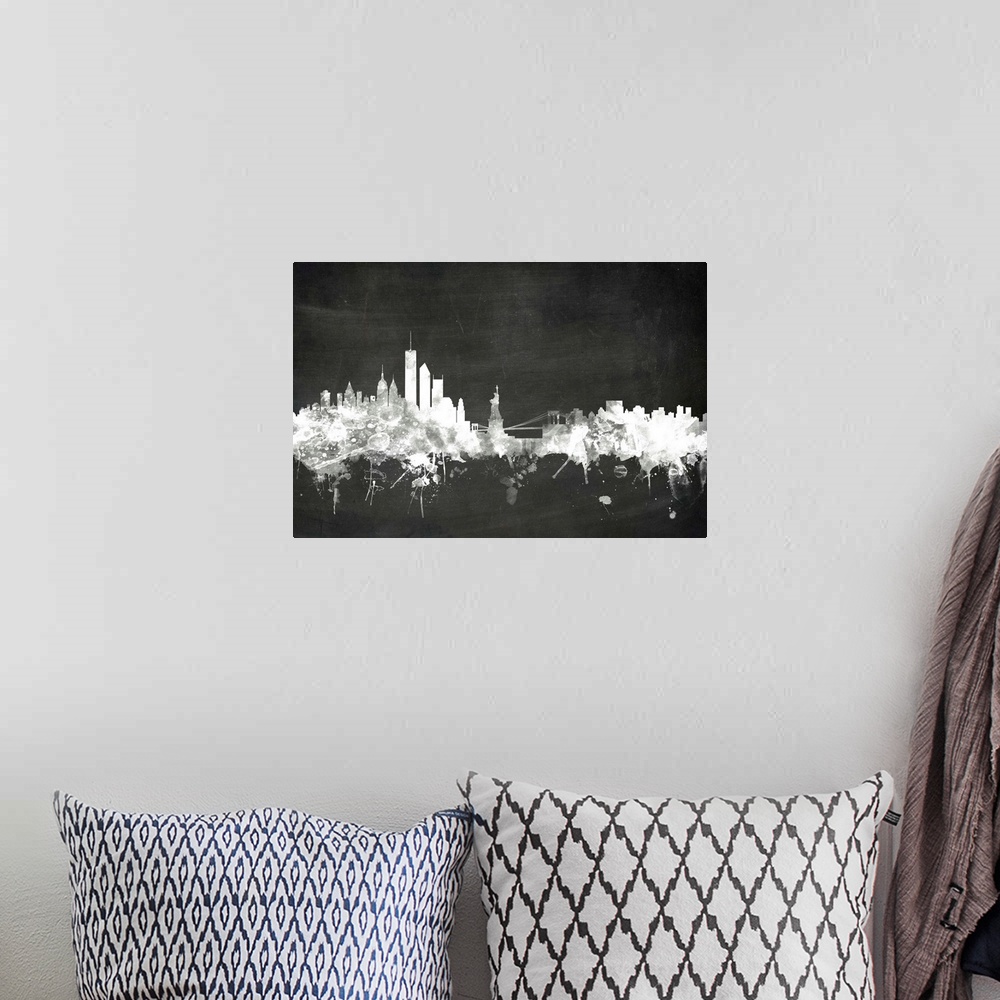 A bohemian room featuring Smokey dark watercolor silhouette of the New York city skyline against chalkboard background.
