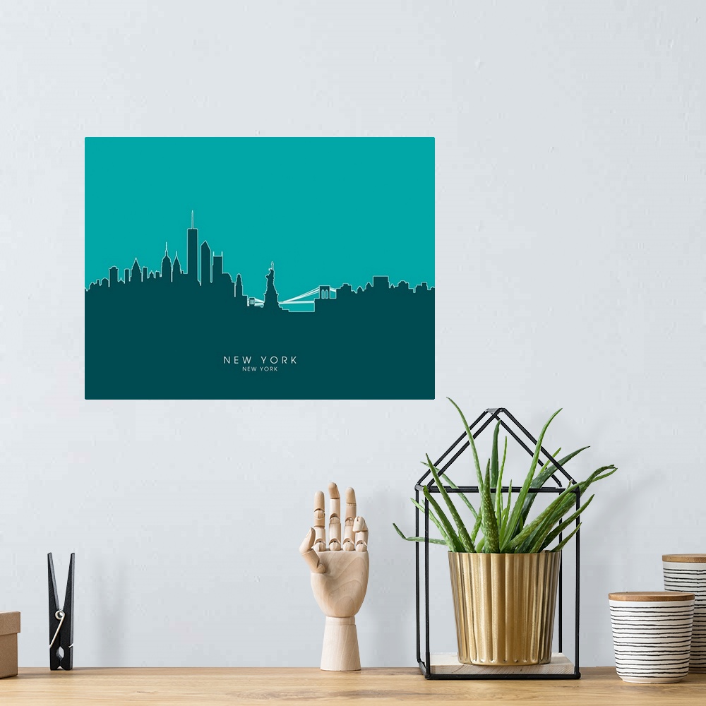 A bohemian room featuring Contemporary artwork of the New York City skyline silhouetted in teal.