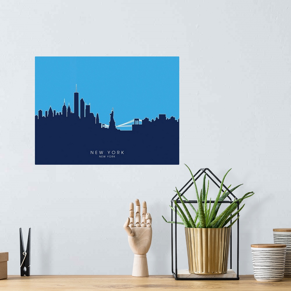 A bohemian room featuring Contemporary artwork of the New York City skyline silhouetted in blue.