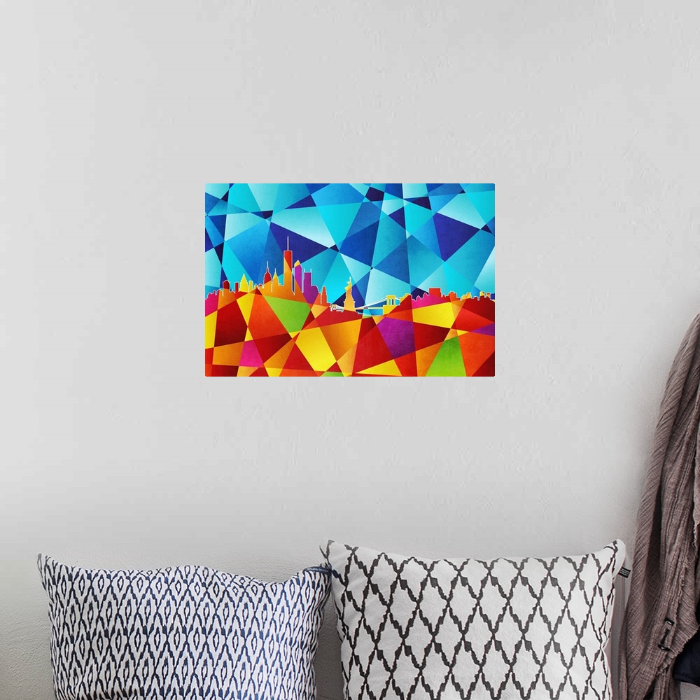 A bohemian room featuring Contemporary artwork of a geometric and prismatic skyline of New York City.