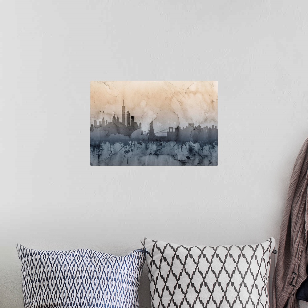 A bohemian room featuring Watercolor art map of the New York City skyline.
