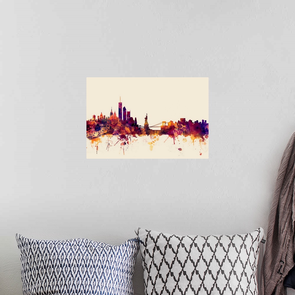 A bohemian room featuring Watercolor artwork of the New York City skyline against a beige background.