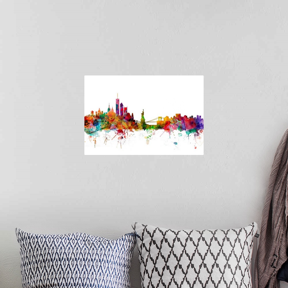 A bohemian room featuring Watercolor artwork of the New York City skyline against a white background.
