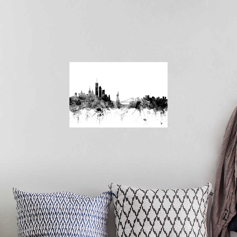 A bohemian room featuring Contemporary artwork of the New York city skyline in black watercolor paint splashes.