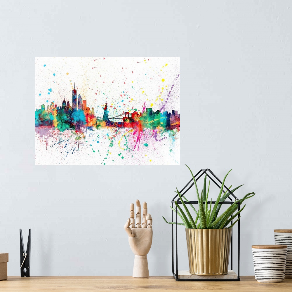 A bohemian room featuring Contemporary colorful paint splash of the New York city skyline.