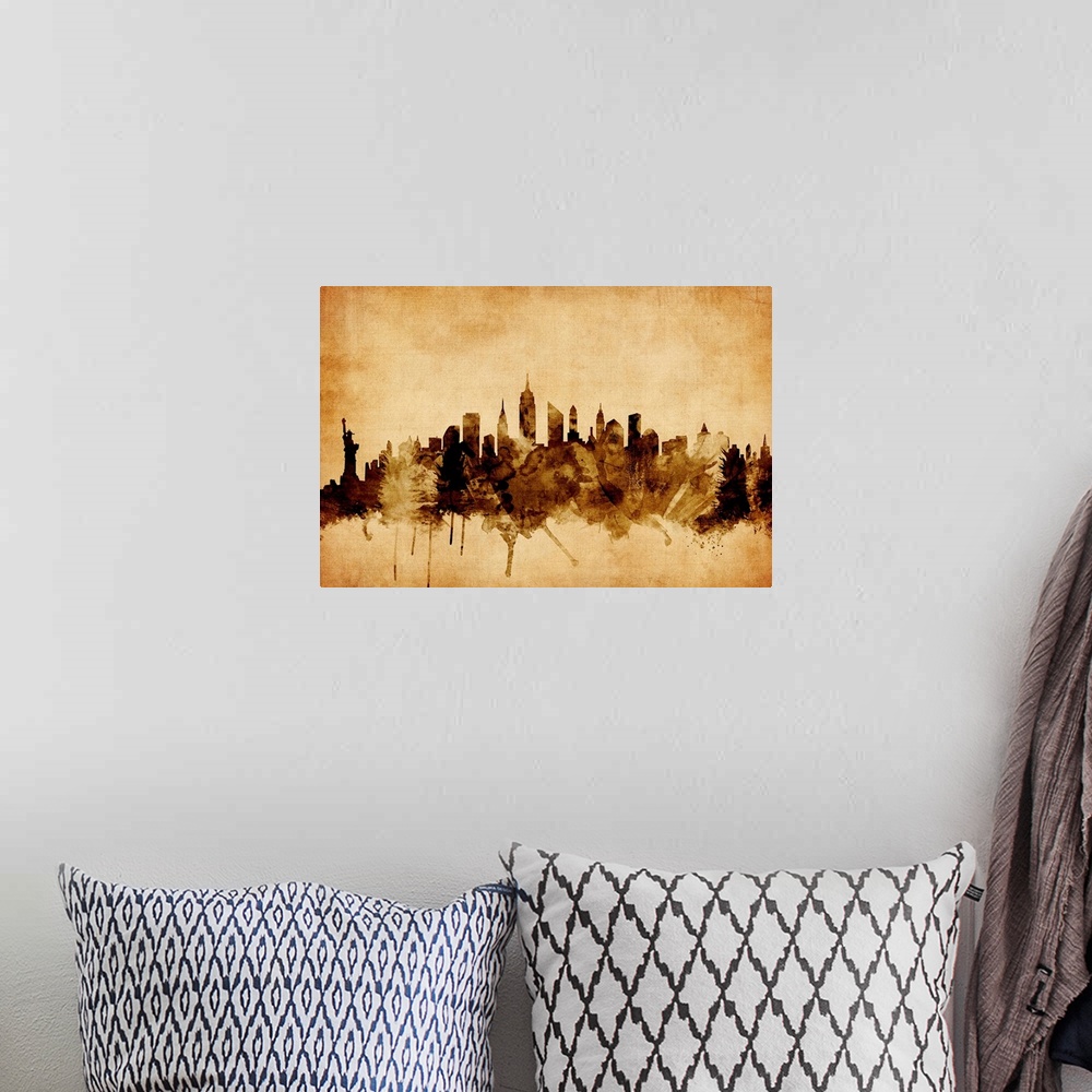 A bohemian room featuring Contemporary artwork of the New York city skyline in a vintage distressed look.