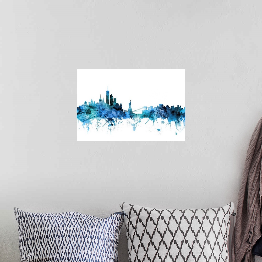 A bohemian room featuring Watercolor art print of the skyline of the City of New York, New York, United States