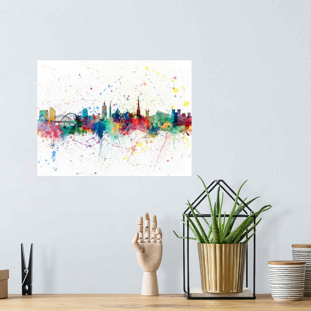 A bohemian room featuring Watercolor art print of the skyline of Newcastle, England, United Kingdom.