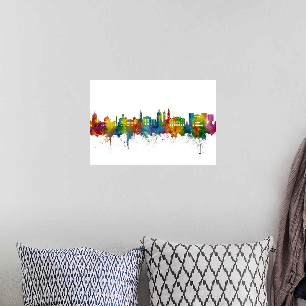 A bohemian room featuring Watercolor art print of the skyline of Nice, France