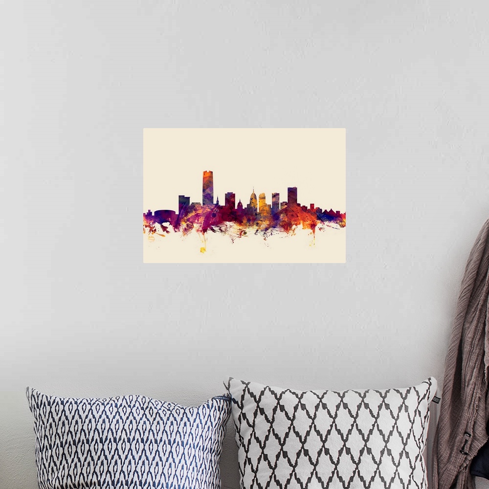A bohemian room featuring Dark watercolor splattered silhouette of the Oklahoma city skyline.