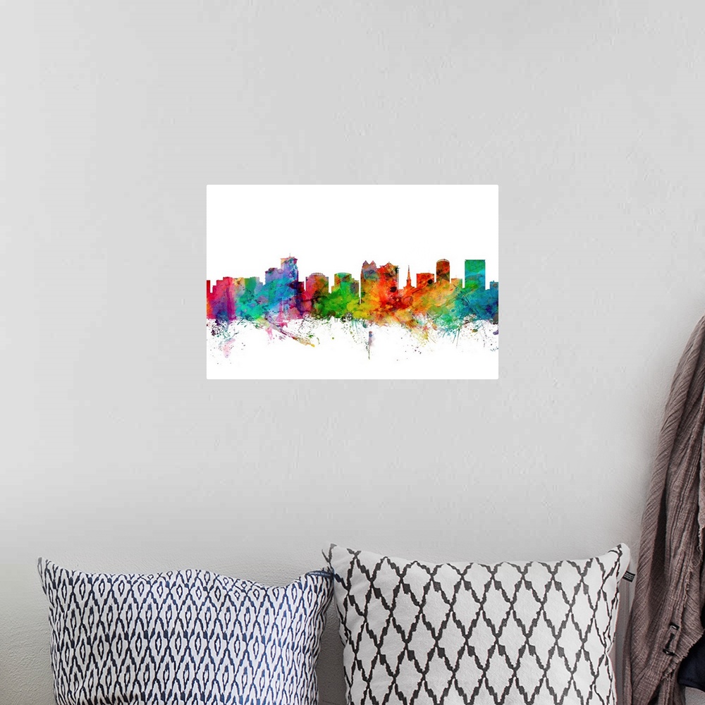 A bohemian room featuring Watercolor artwork of the Orlando skyline against a white background.