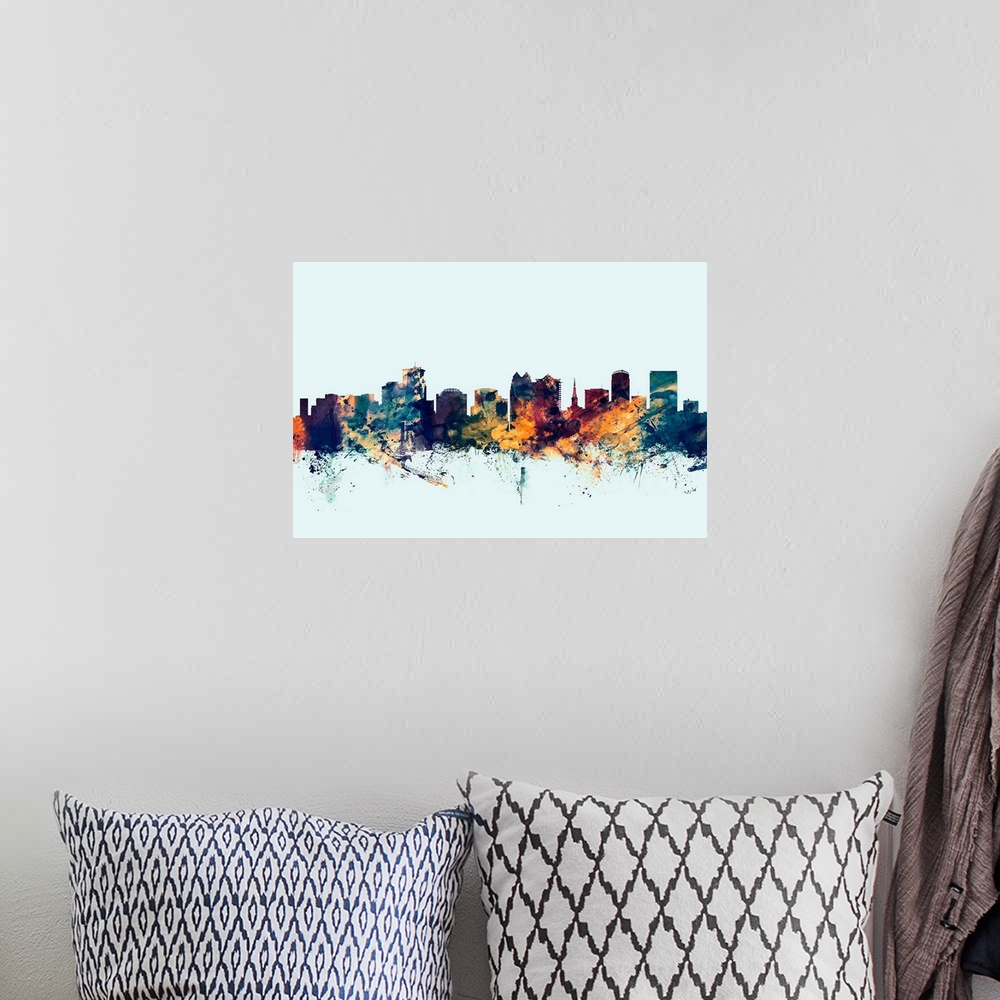 A bohemian room featuring Dark watercolor silhouette of the Orlando city skyline against a light blue background.