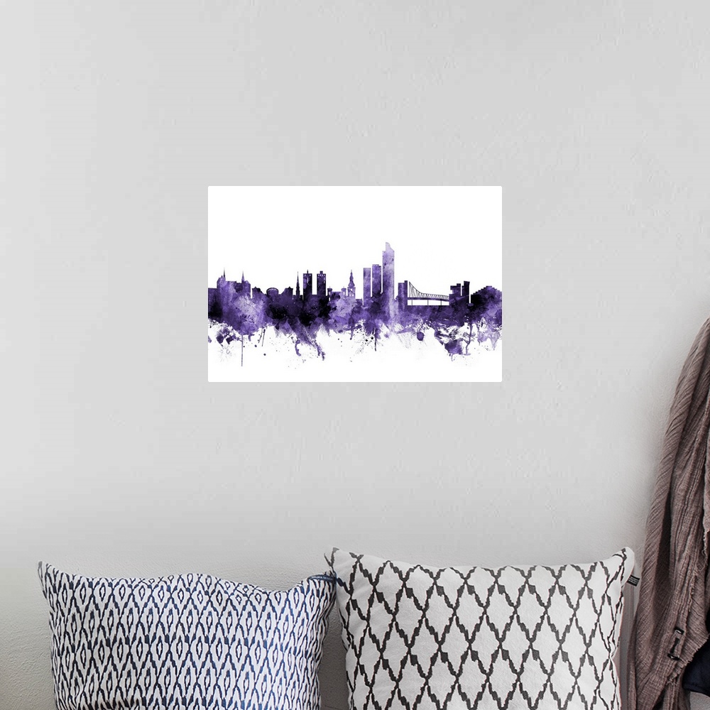 A bohemian room featuring Watercolor art print of the skyline of Oslo, Norway (Norge)