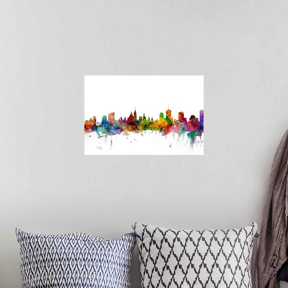 A bohemian room featuring Watercolor artwork of the Ottawa skyline against a white background.