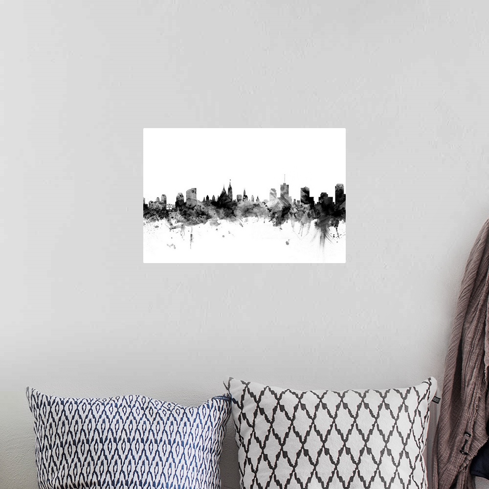A bohemian room featuring Contemporary artwork of the Ottawa city skyline in black watercolor paint splashes.