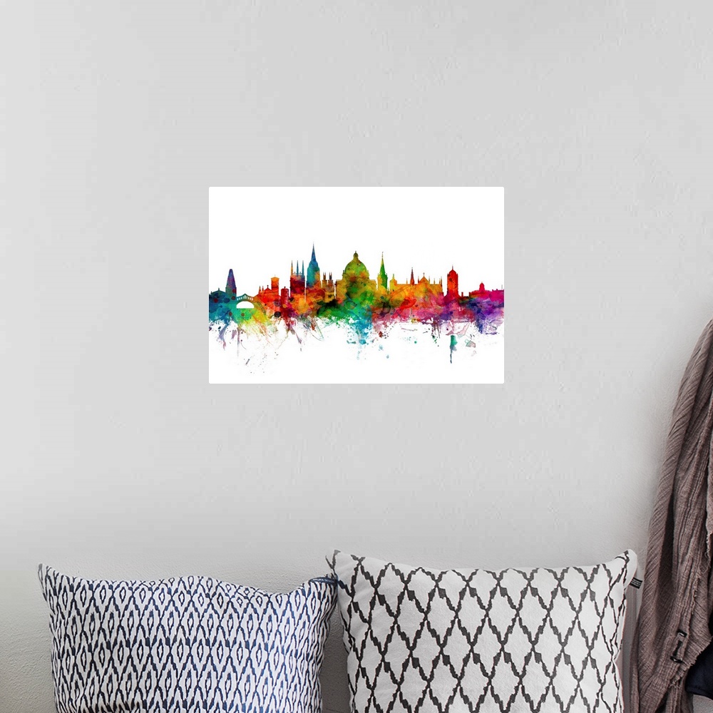A bohemian room featuring Contemporary piece of artwork of the Oxford, England skyline made of colorful paint splashes.