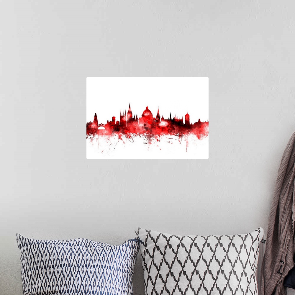 A bohemian room featuring Vibrant red watercolor silhouette of the Oxford city skyline.