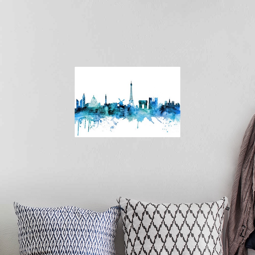 A bohemian room featuring Watercolor art print of the skyline of Paris, France