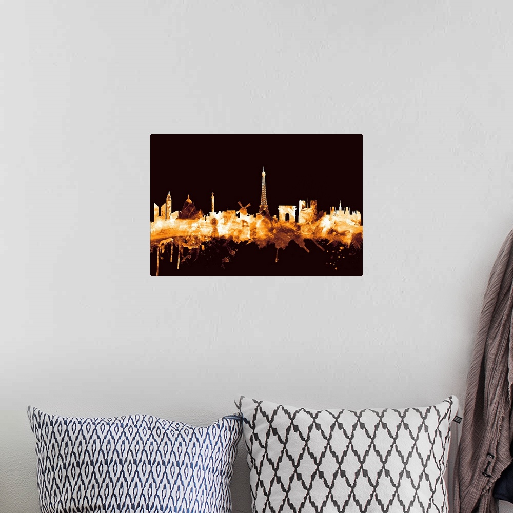 A bohemian room featuring Watercolor art print of the skyline of Paris, France.
