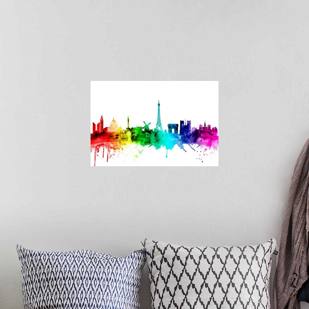 A bohemian room featuring Watercolor art print of the skyline of Paris, France.