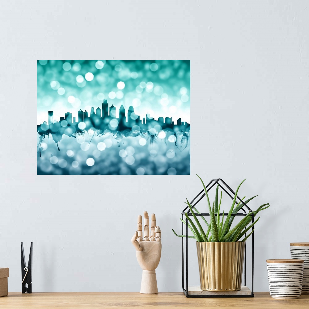 A bohemian room featuring Watercolor art print of the skyline of Philadelphia, Pennsylvania, United States.