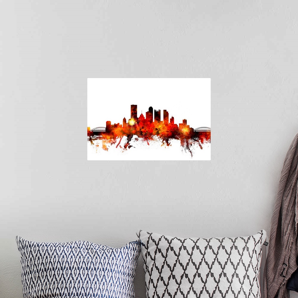 A bohemian room featuring Contemporary piece of artwork of the Pittsburgh skyline made of colorful paint splashes.