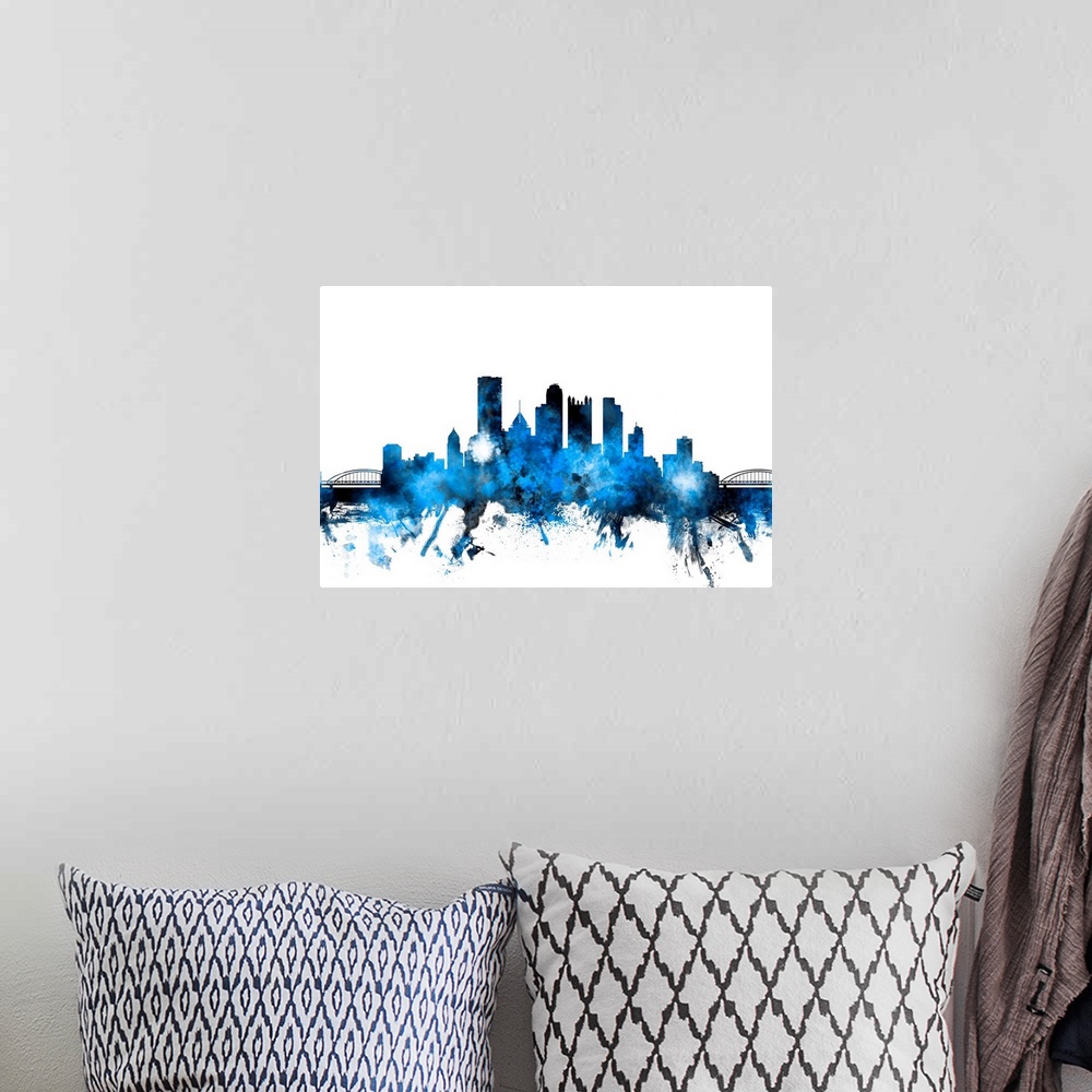 A bohemian room featuring Contemporary piece of artwork of the Pittsburgh skyline made of colorful paint splashes.