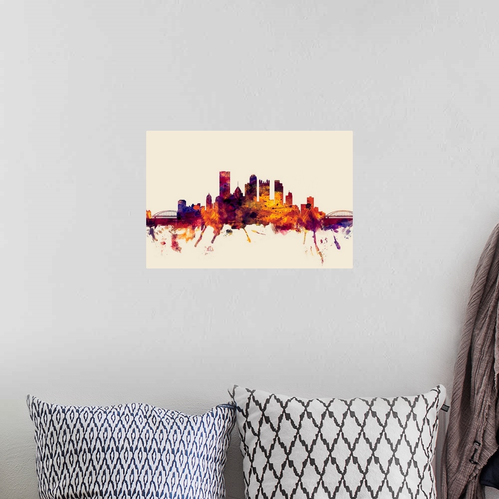 A bohemian room featuring Watercolor artwork of the Pittsburgh skyline against a beige background.