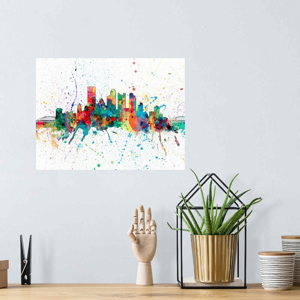 A bohemian room featuring Wild and vibrant paint splatter silhouette of the Pittsburgh skyline.