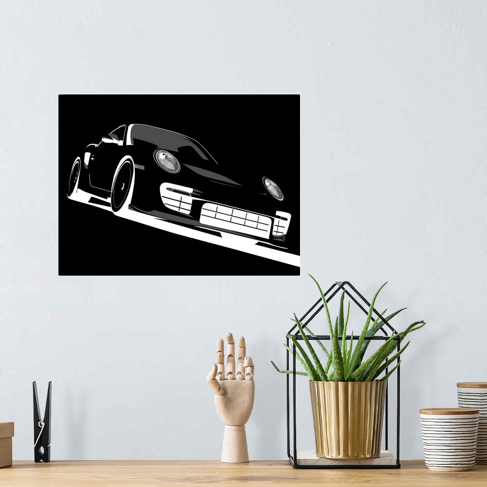 A bohemian room featuring Retro artwork of a black Porsche shown at an angle with a black background.