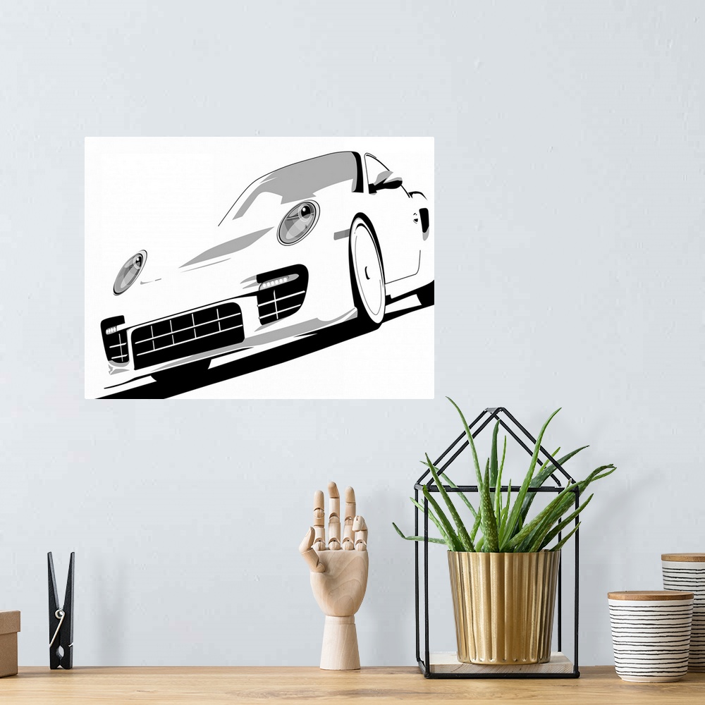 A bohemian room featuring Vector artwork of the Type 996 Porsche 911 GT2. The car is pictured in black and white.