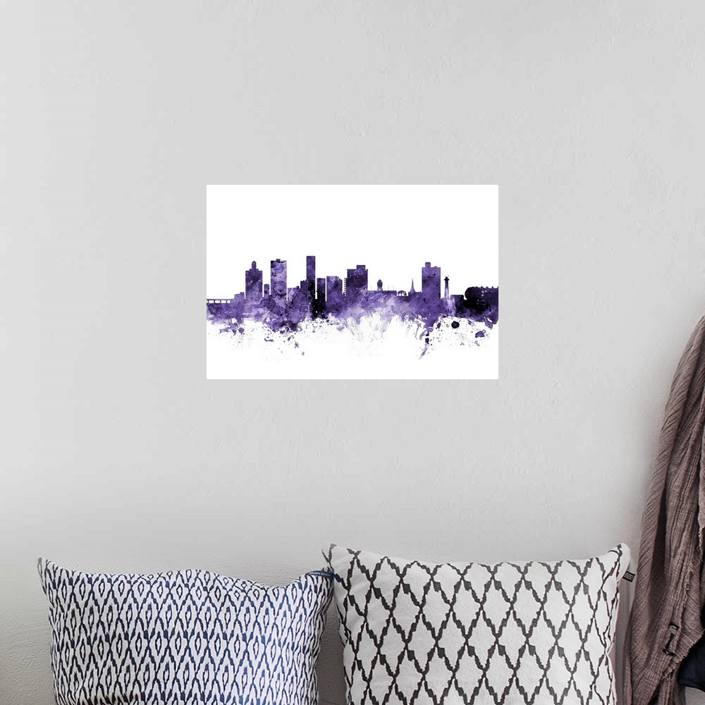 A bohemian room featuring Watercolor art print of the skyline of Port Elizabeth, South Africa