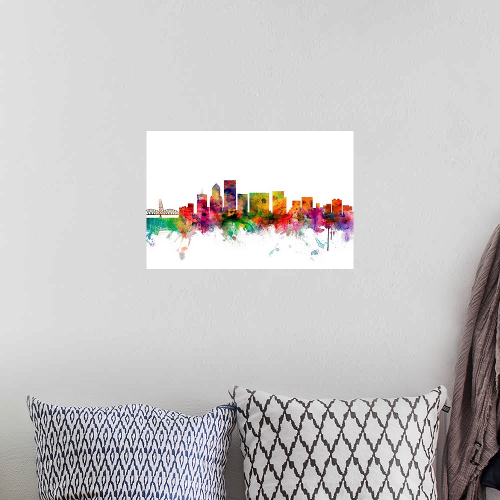 A bohemian room featuring Watercolor artwork of the Portland skyline against a white background.