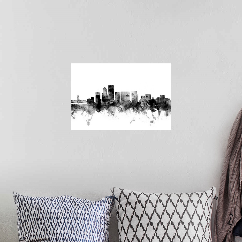 A bohemian room featuring Contemporary artwork of the Portland city skyline in black watercolor paint splashes.