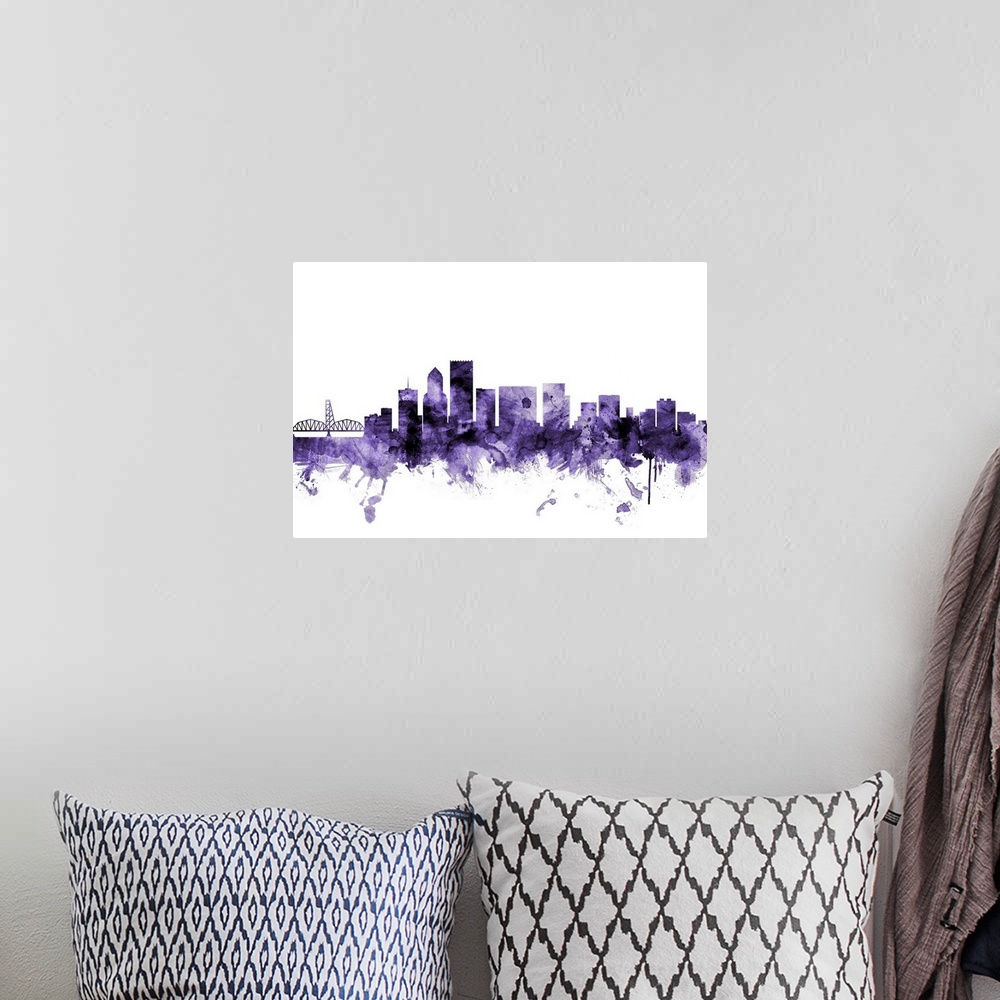 A bohemian room featuring Watercolor art print of the skyline of Portland, Oregon, United States