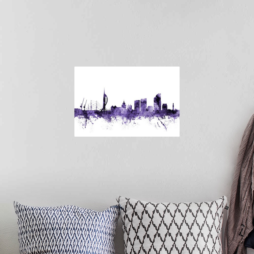 A bohemian room featuring Watercolor art print of the skyline of Portsmouth, England, United Kingdom
