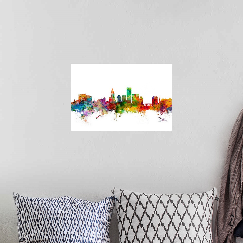 A bohemian room featuring Watercolor artwork of the Providence skyline against a white background.