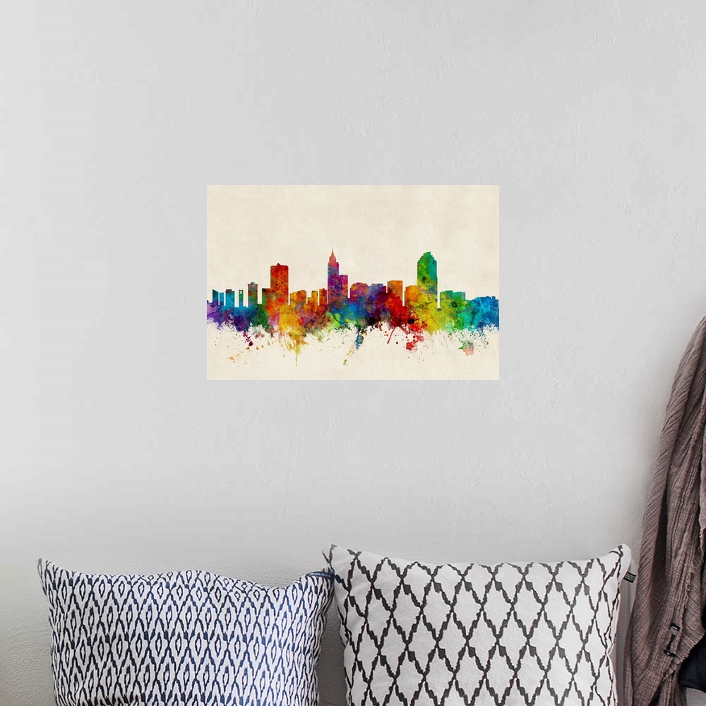 A bohemian room featuring A splattered and splashed watercolor silhouette of the Raleigh city skyline against a distressed ...