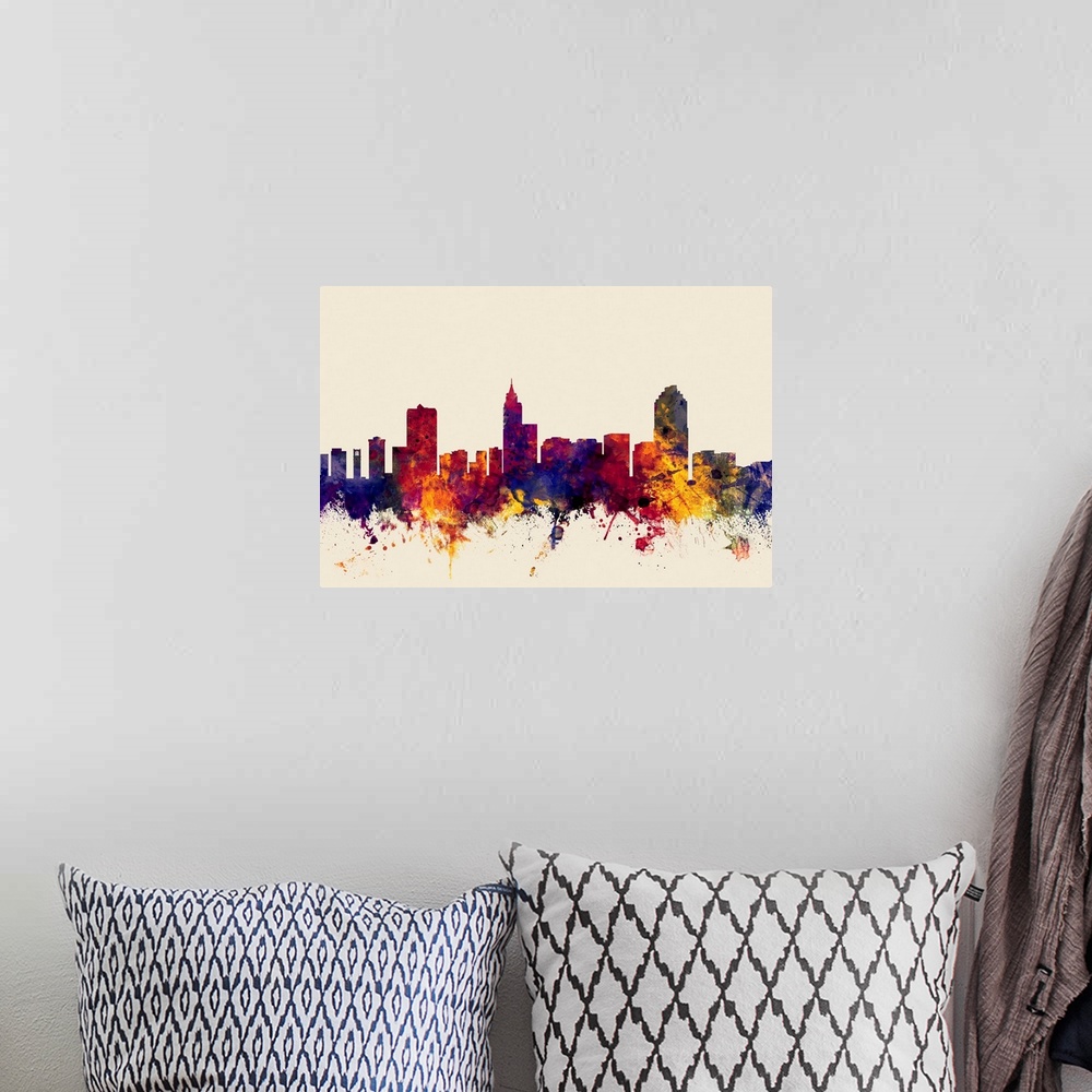 A bohemian room featuring Dark watercolor splattered silhouette of the Raleigh city skyline.