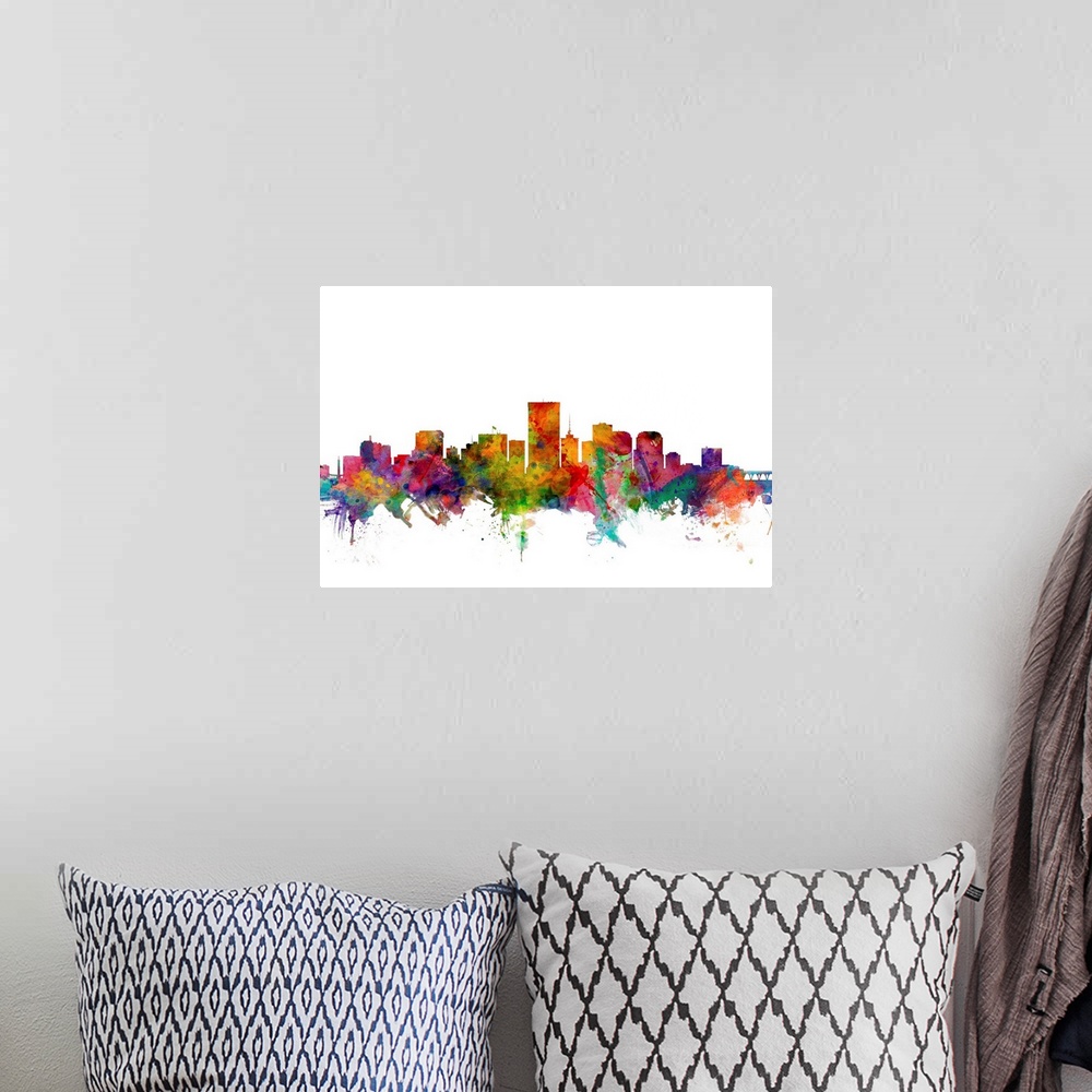 A bohemian room featuring Contemporary piece of artwork of the Richmond skyline made of colorful paint splashes.