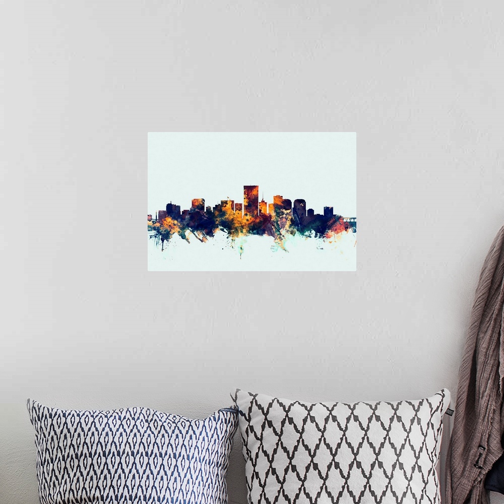 A bohemian room featuring Dark watercolor silhouette of the Richmond city skyline against a light blue background.