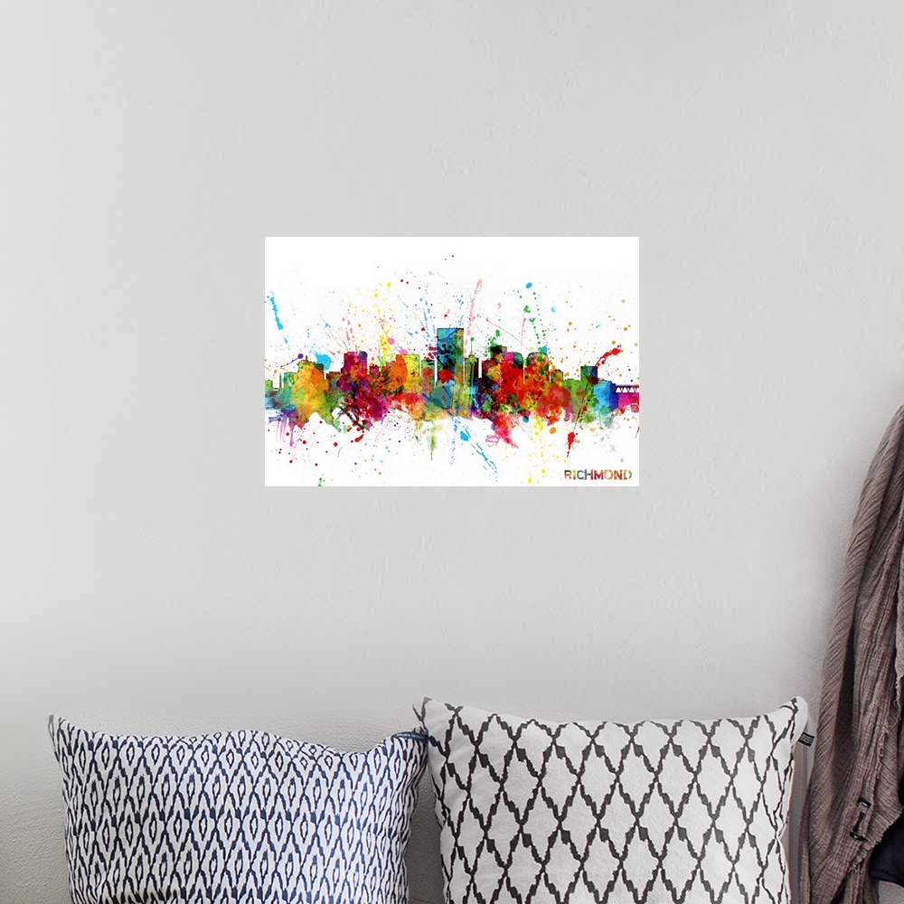 A bohemian room featuring Watercolor and paint splashes art print of the skyline of Richmond, Virginia, United States