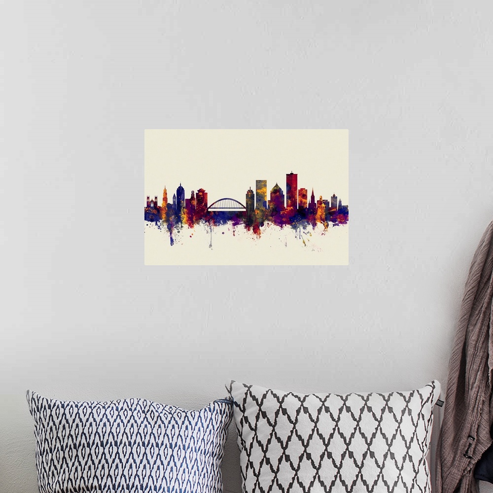 A bohemian room featuring Watercolor art print of the skyline of Rochester, New York, United States