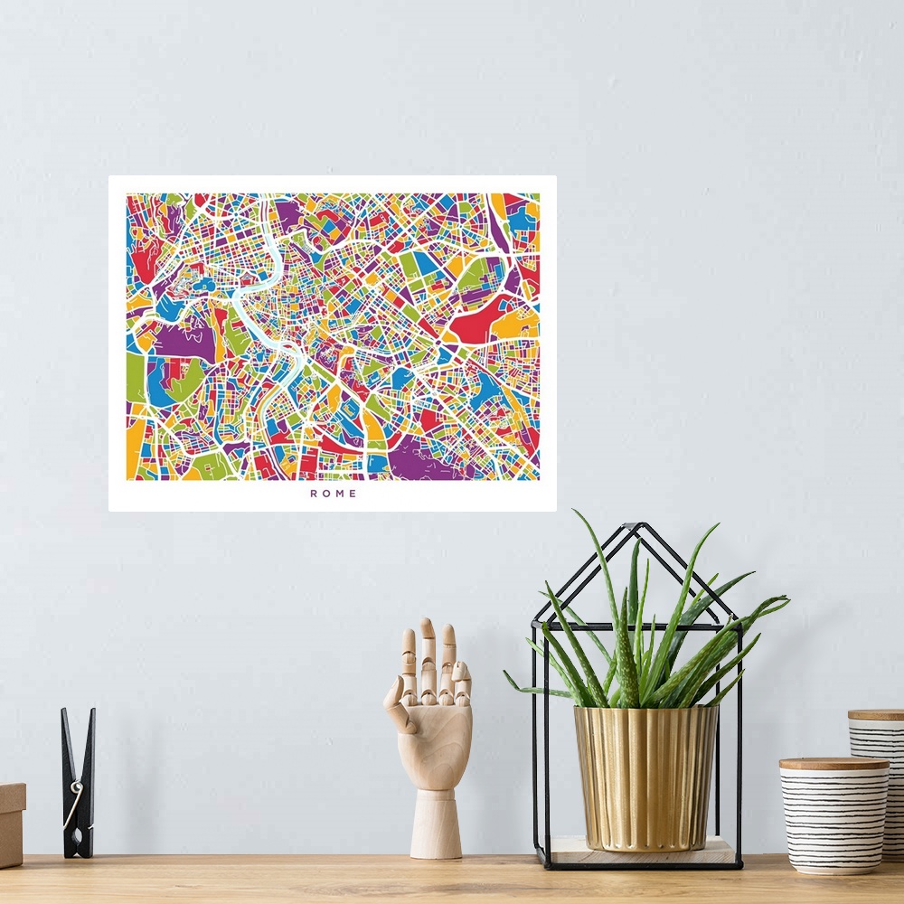 A bohemian room featuring A street map of Rome, Italy, with coloured land areas.