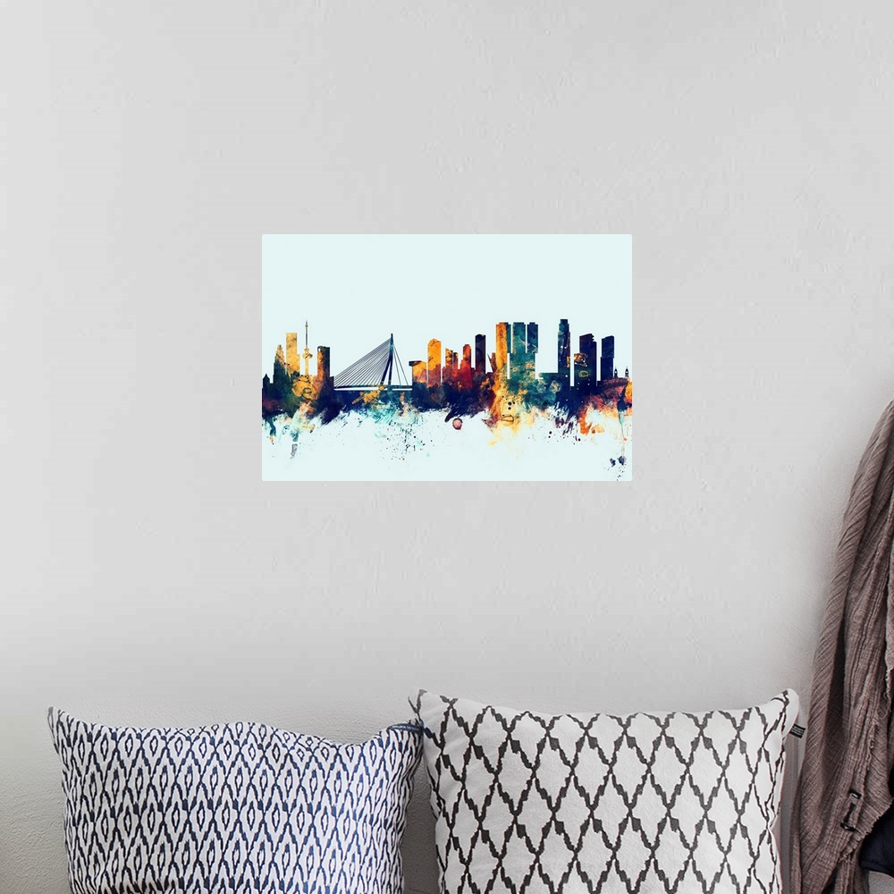 A bohemian room featuring Dark watercolor silhouette of the Rotterdam city skyline against a light blue background.