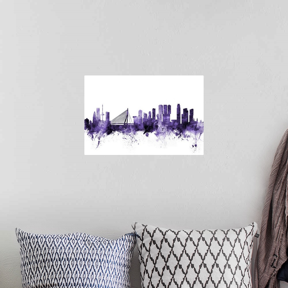 A bohemian room featuring Watercolor art print of the skyline of Rotterdam, The Netherlands